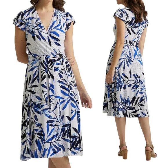 Joseph Ribkoff Midi Dress Tie Waist V Neck Surplice Palms Print Blue White 12 - Picture 2 of 6